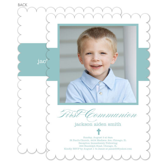 Blue Banner First Communion Photo Invitations